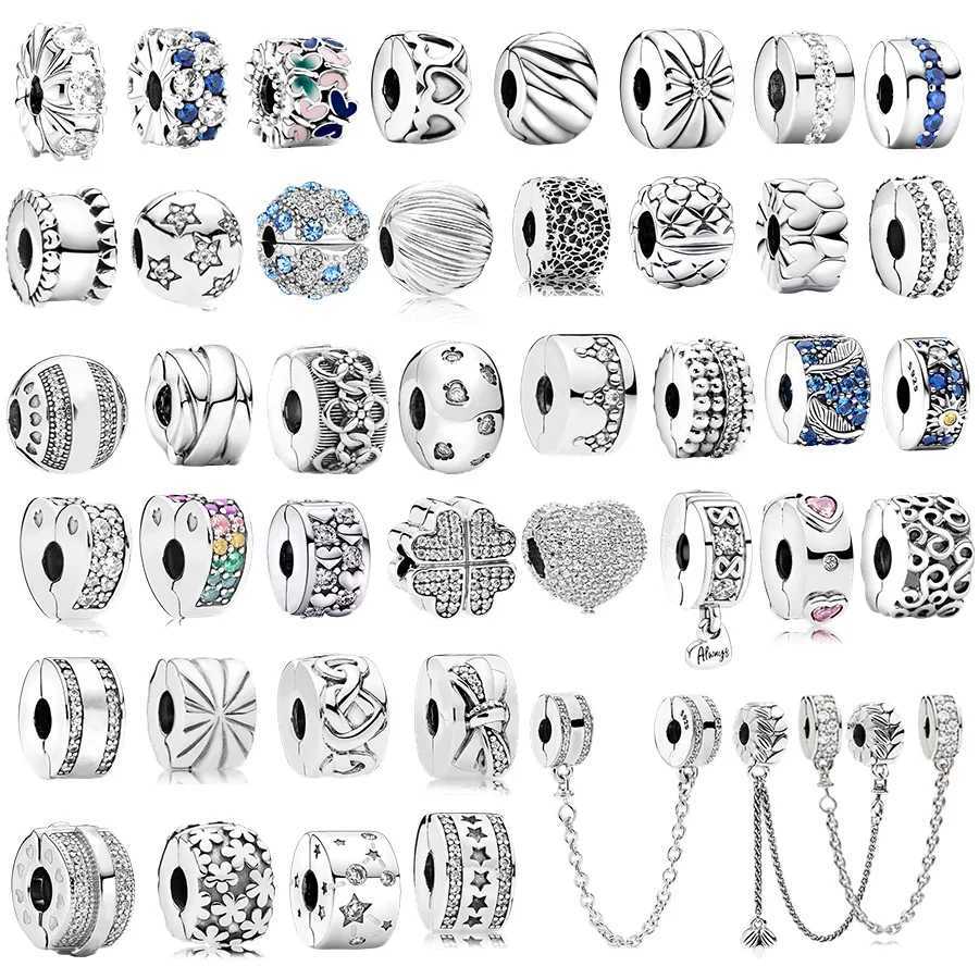 Sparkling Row ClipButterflies ClipHearium Cluster Safety Chain Charm Bead Fit Original Silver 925 Pan Bracelet Women JewelryXJ250517