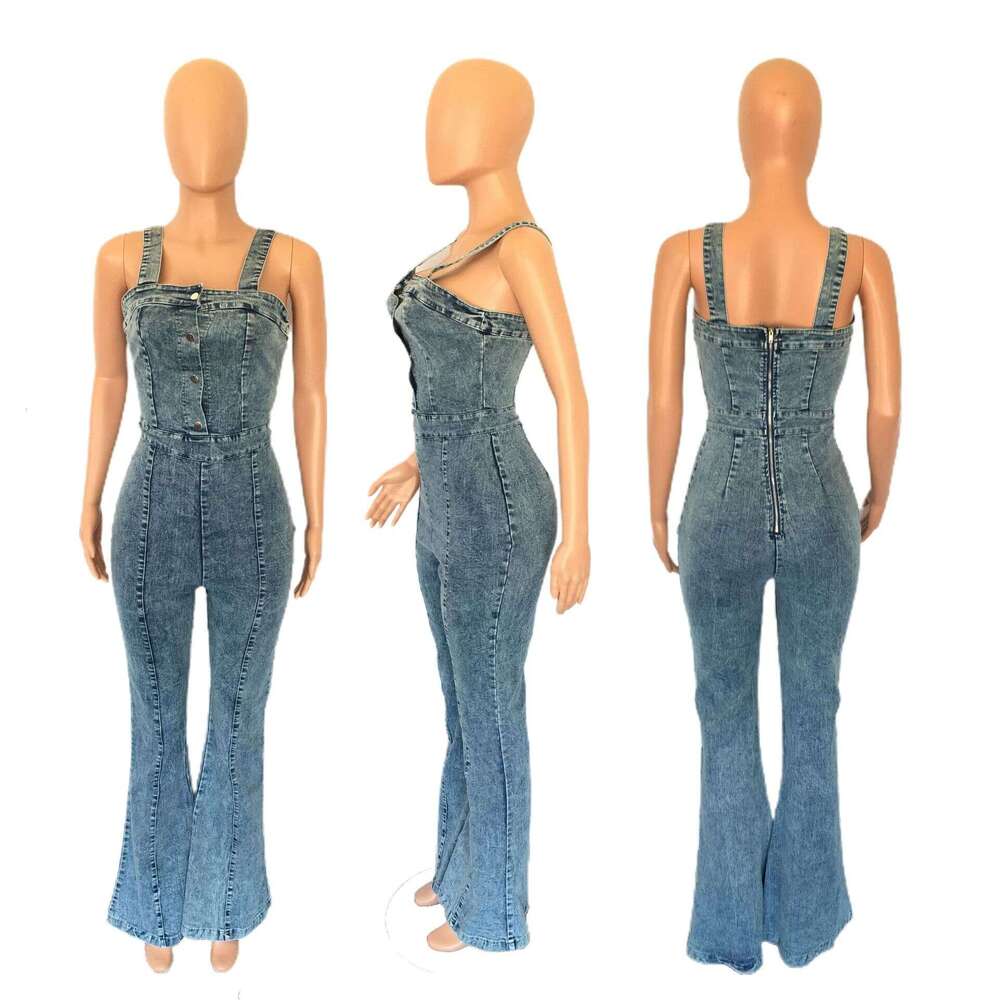 3545 platform women's fashion casual sexy shoulder straps denim jumpsuit wide leg flared pants