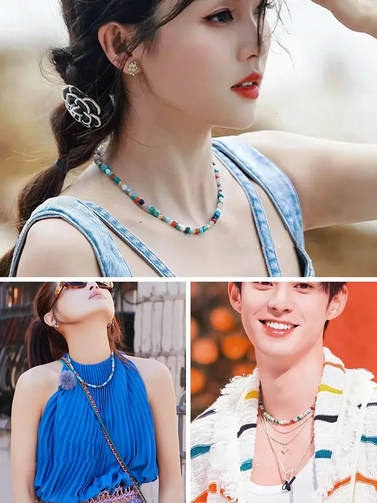 Colorful Natural Stone Beaded Necklace Womens Sweet and Fashionable Jewelry Set Elegant Accessories Neckchain for Girls 250516
