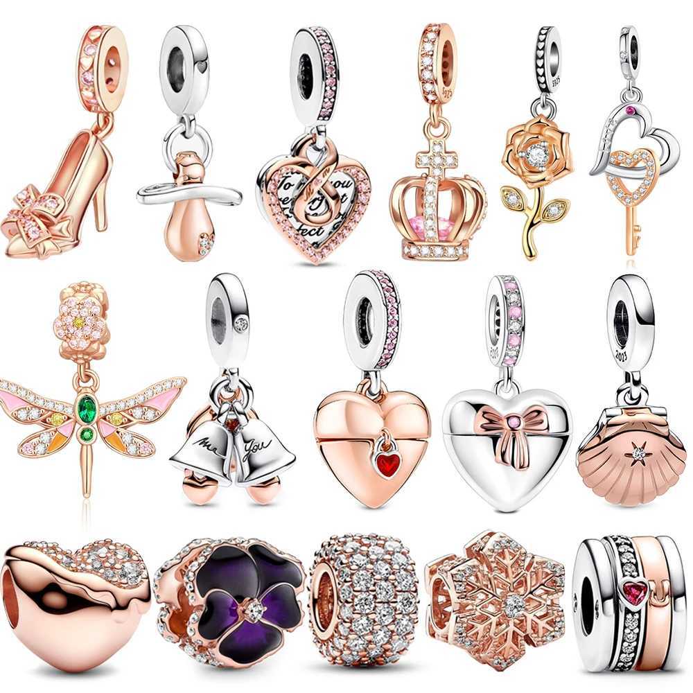 Sparkling Rose Gold 925 Sterling Silver Pave Round Beads Dragonfly Charm Fit Original Bracelet Pendant for Girls Jewelry GiftXJ250517