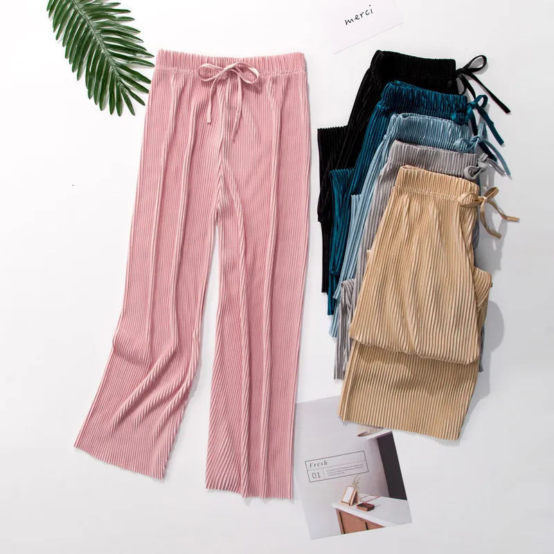 Women Fashion Summer Wide Leg Pants Pleated Ice Silk Trousers Elastic Waist Loose Casual Pant 250517