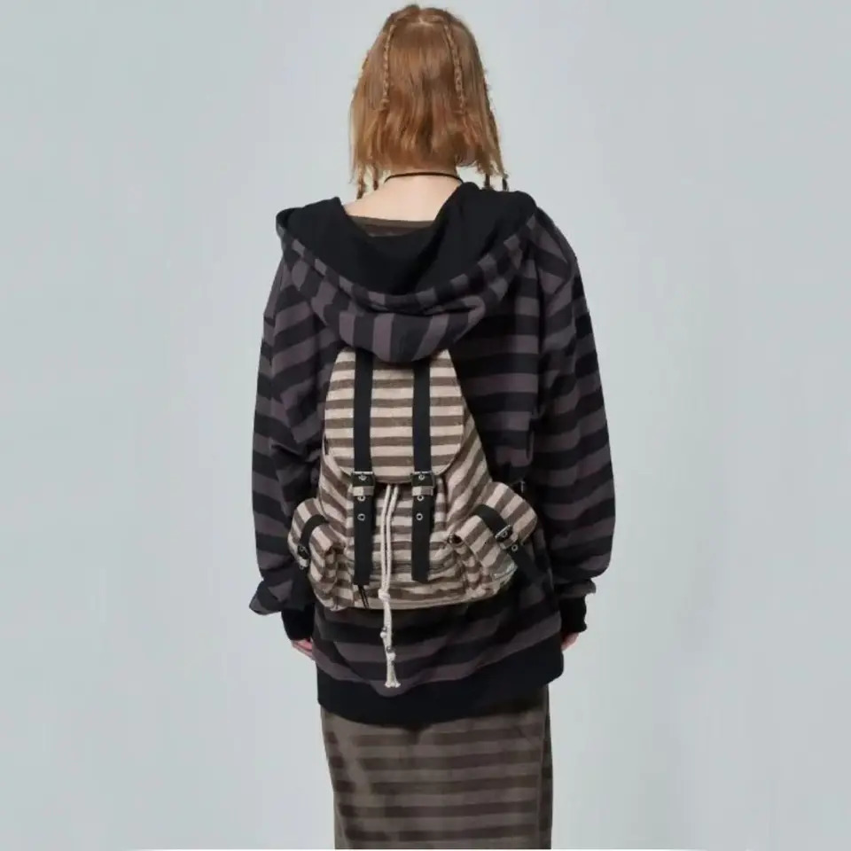 High Quality Korean Style Backpacks Drawstring Large Capacity Casual Bookbags Soft Flat Stripe Tote Bags 250514