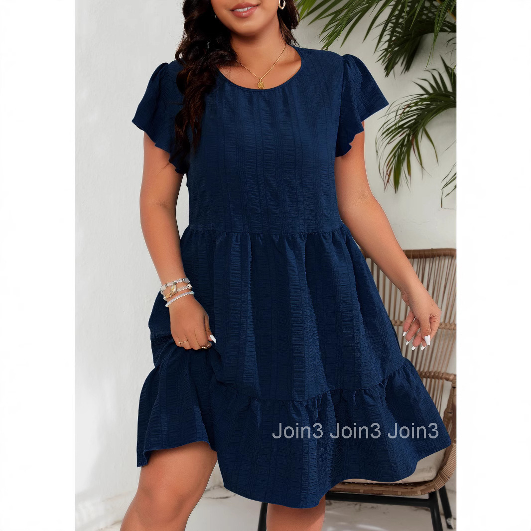 Large Round Neck Ruffle Sleeves Waist Cinching Vacation Casual Temperament Dress