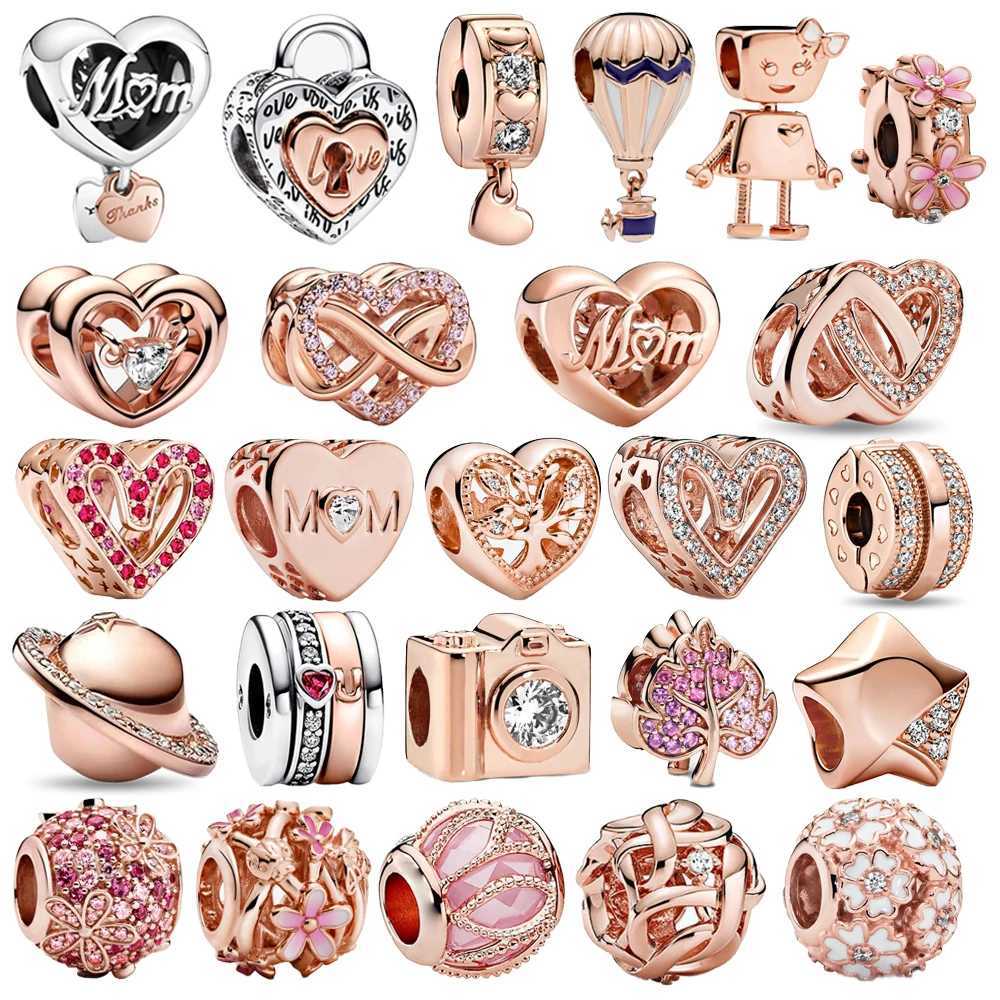 Classic 925 Sterling Silver Rose Gold Heart Ball Lucky Bead Charm Fit Brand Bracelet DIY JewelryXJ250517