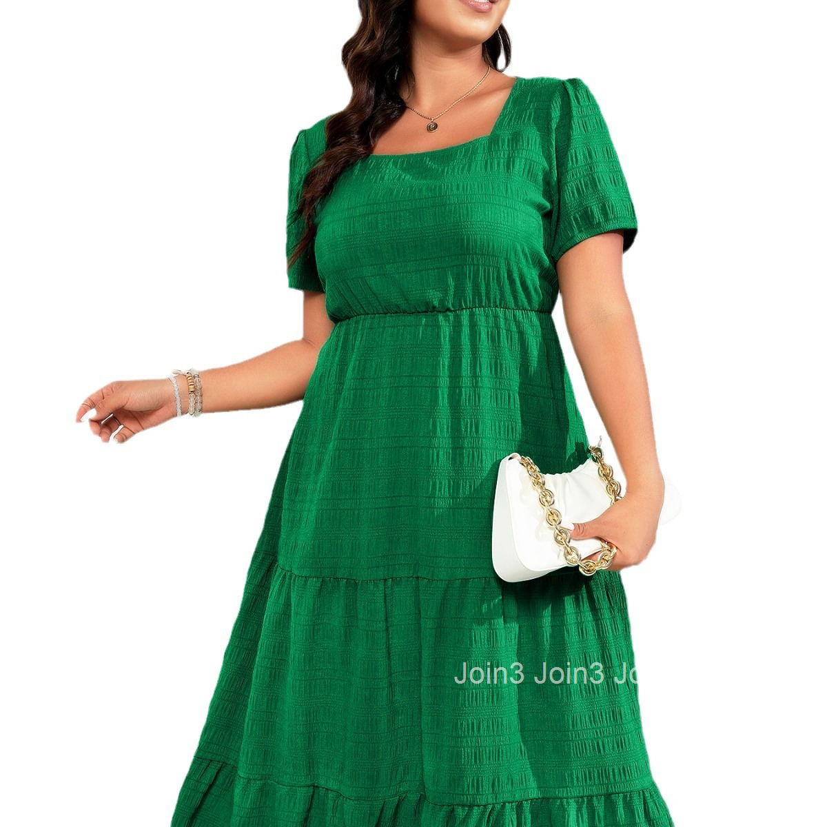 Womens Bubble Sleeves Square Neck Back Pleated Short Sleeve Pocket Dress