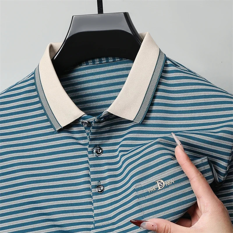 Mens Casual and Fashionable Striped Short Sleeved Polo Shirt Summer Comfortable Sweat Absorbing Breathable Versatile Top y250506