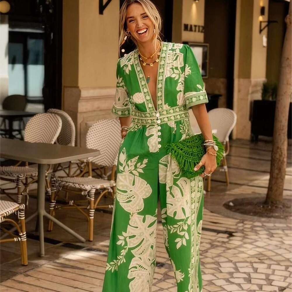 Wide Leg Jumpsuit Spring New Fashion Women S Printed Jumpsuit V Neck Short Sleeved Women