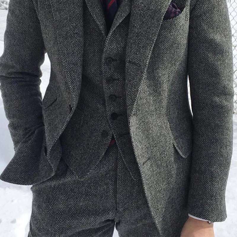 Gray Wool Tweed Winter Men Suit's For Wedding Formal Groom Tuxedo Herringbone Male Fashion 3 Piece Suit (Jacket Vest + Pants) Designer