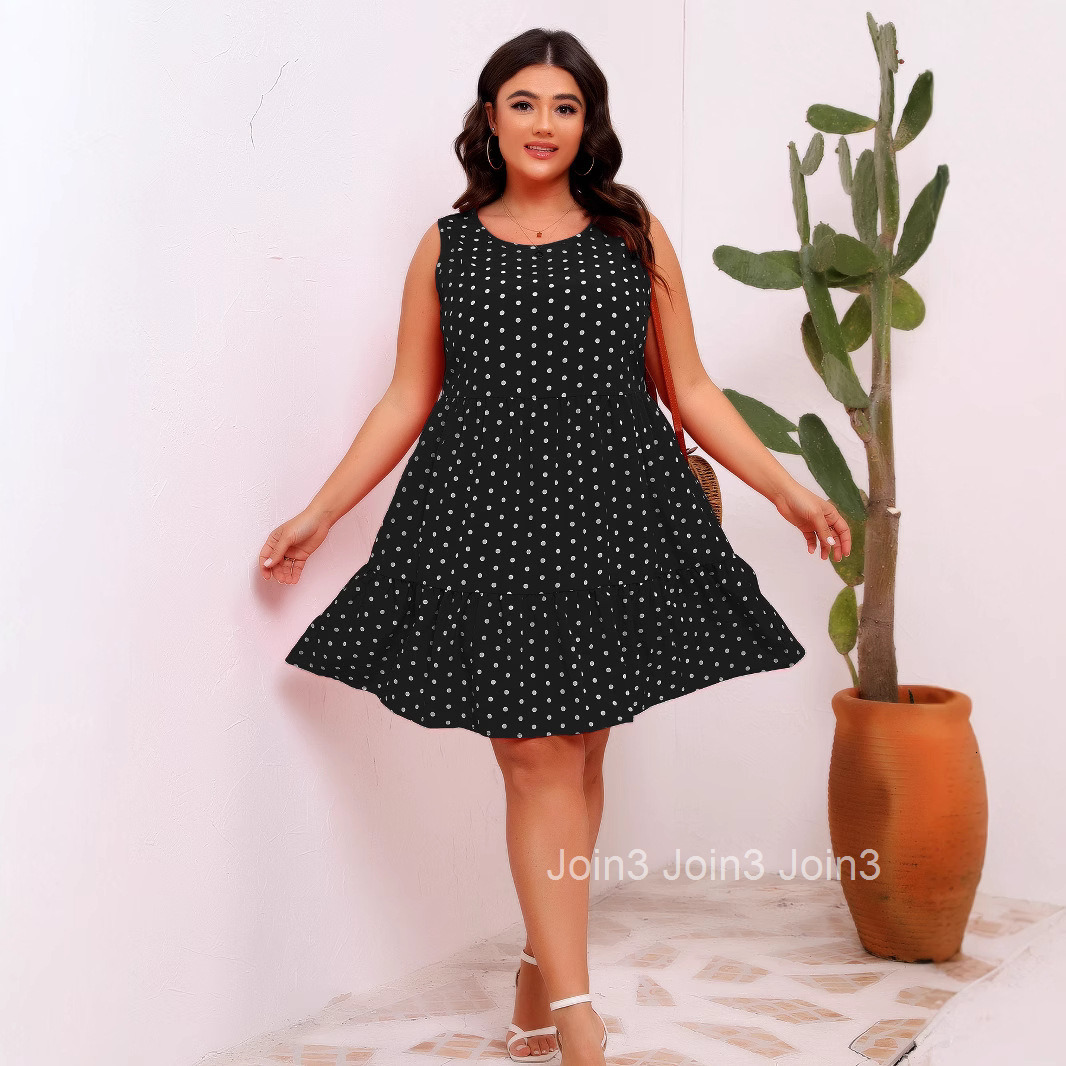 Round Neck Sleeveless Wave Point Loose Large Hem Ruffle Dress