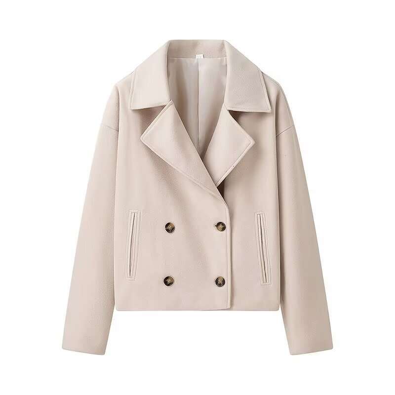 Autumn New Style French Lapel Double Breasted Short Woolen Casual Loose Jacket 7999818 B5