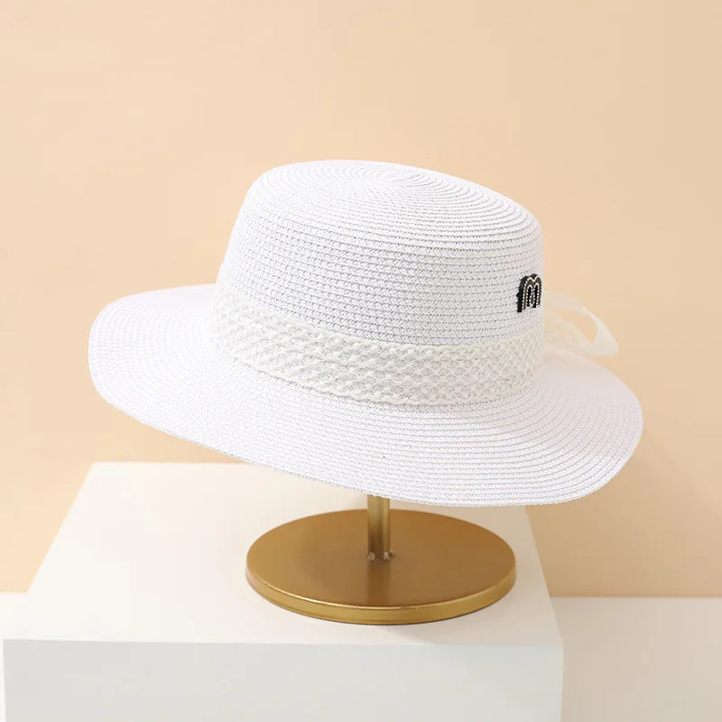 Womens Summer Pearl Embellished Black Straw Hat Spring Casual Fashion Plaid Visor with Strap Sun Protection Elegant Hat 250516