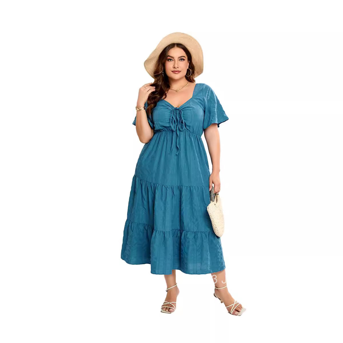 V-neck High Waist Dress Long Short Sleeve Large Size Dress