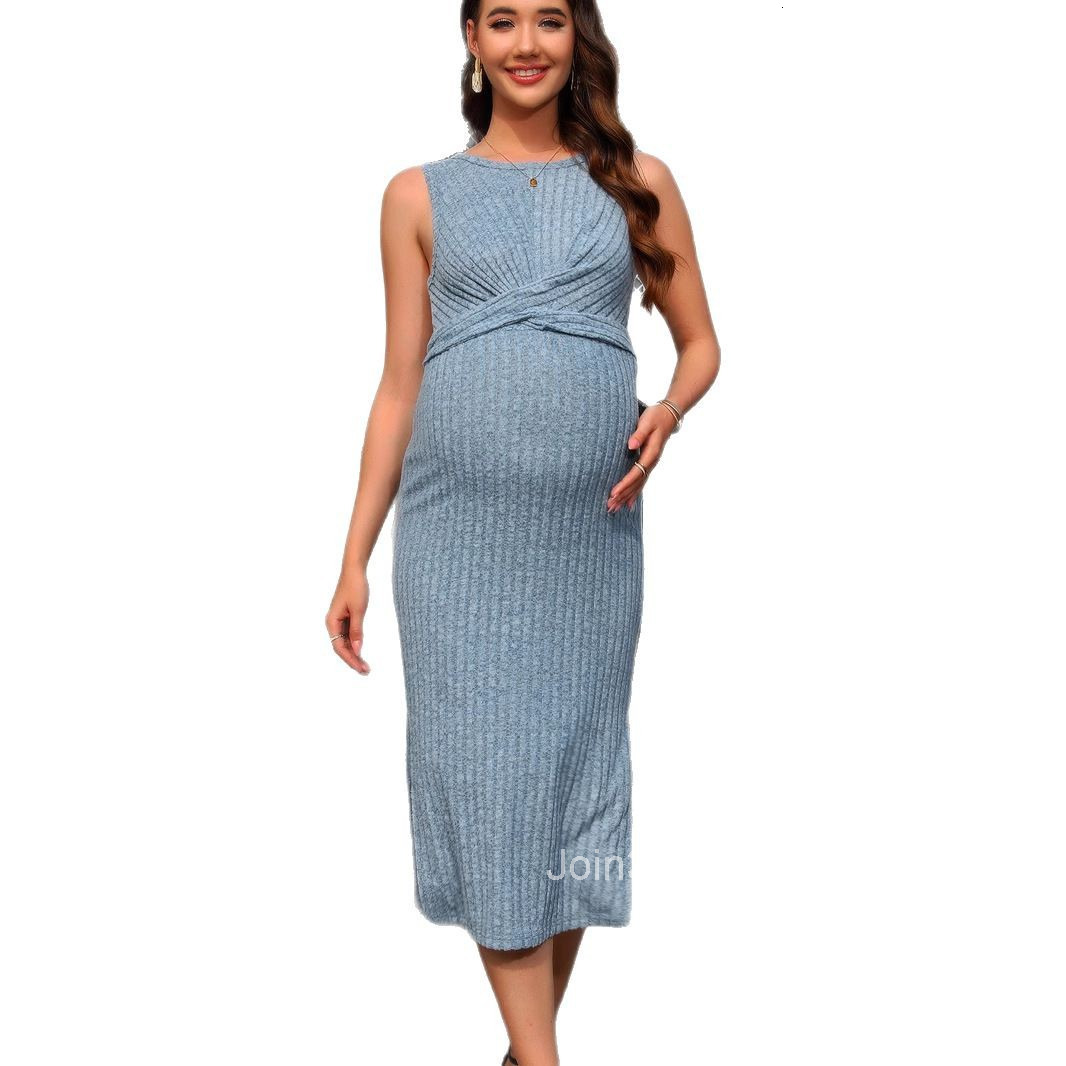 2025 Spring New Round Neck Tank Top with Twisted Front Chest and Lace Up Style Tight and Hip Hugging Pregnant Dress