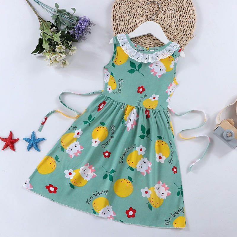 New Summer Outerwear Dress Cartoon Cotton Silk Sleeveless Girls Floral Skirt Thin Summer Loose Princess Dreamland 220422