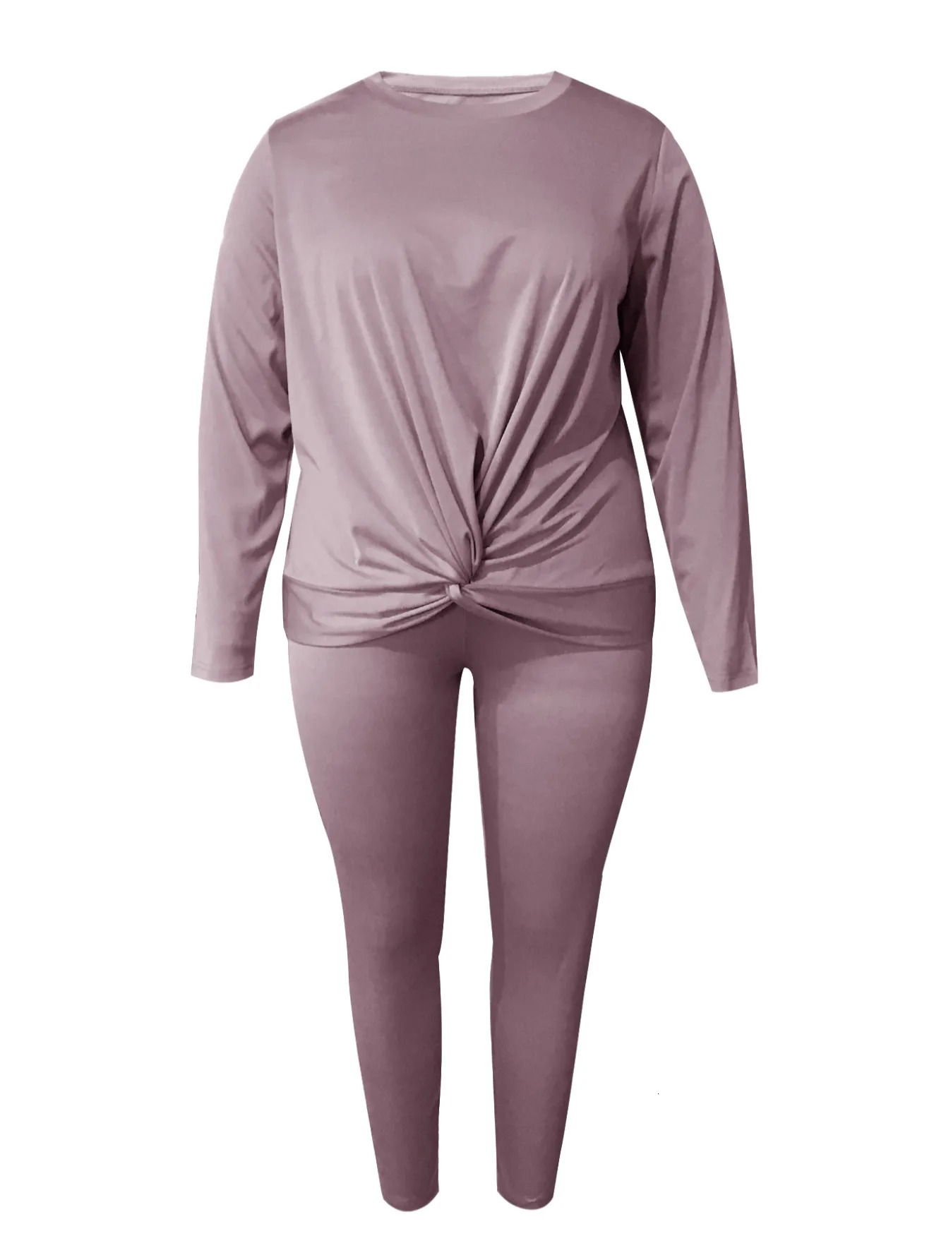 4XL 5XL LW Women Autumn Winter Plus Size Casual Twist Front Regular Fit Round Neck Long Sleeve Light Purple Two Pieces Pants Set 250513Z