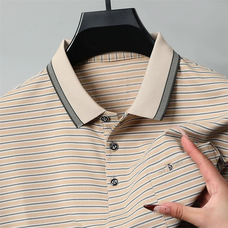 Mens Casual and Fashionable Striped Short Sleeved Polo Shirt Summer Comfortable Sweat Absorbing Breathable Versatile Top y250506
