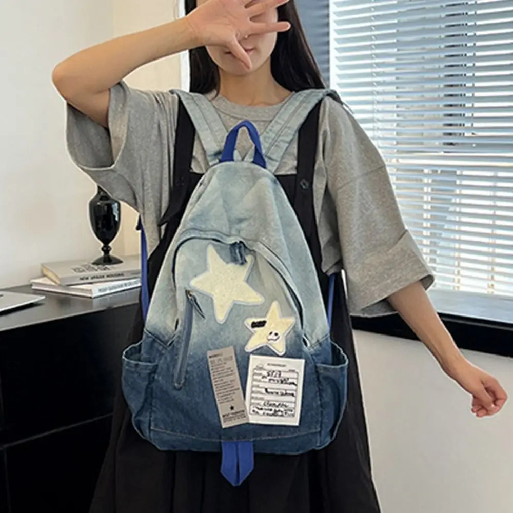 Fashion Large Capacity Denim Star Backpack Y2K All Match Double Shoulder Bag Unisex Star Pattern School Backpack Outdoor 250514