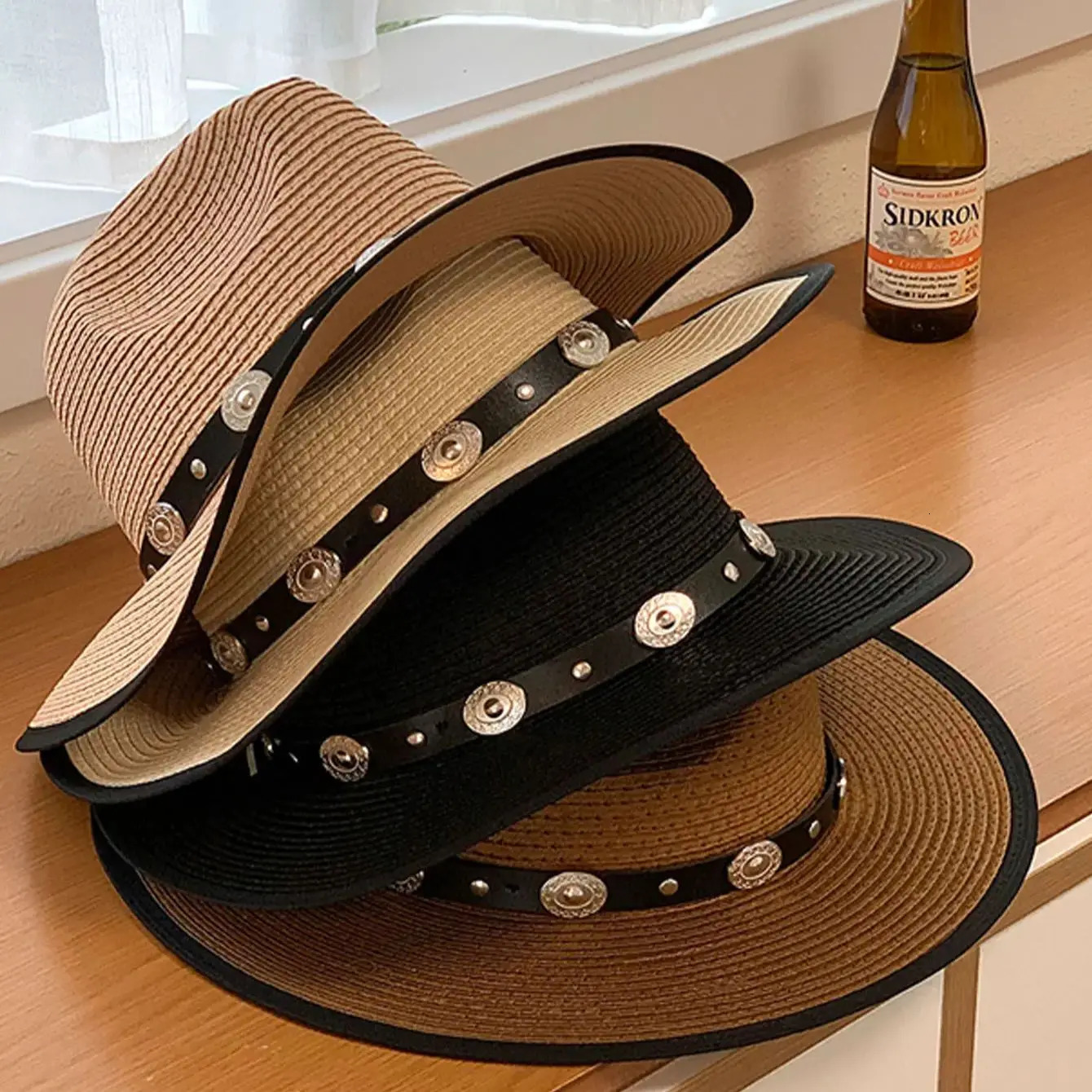 8771Summer sun hat with sun protection straw for men and women outdoor large shade hat British cowboy hat French vintage top hat 250516