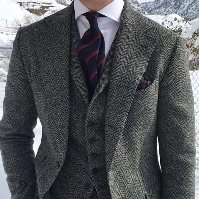 Gray Wool Tweed Winter Men Suit's For Wedding Formal Groom Tuxedo Herringbone Male Fashion 3 Piece Suit (Jacket Vest + Pants) Designer