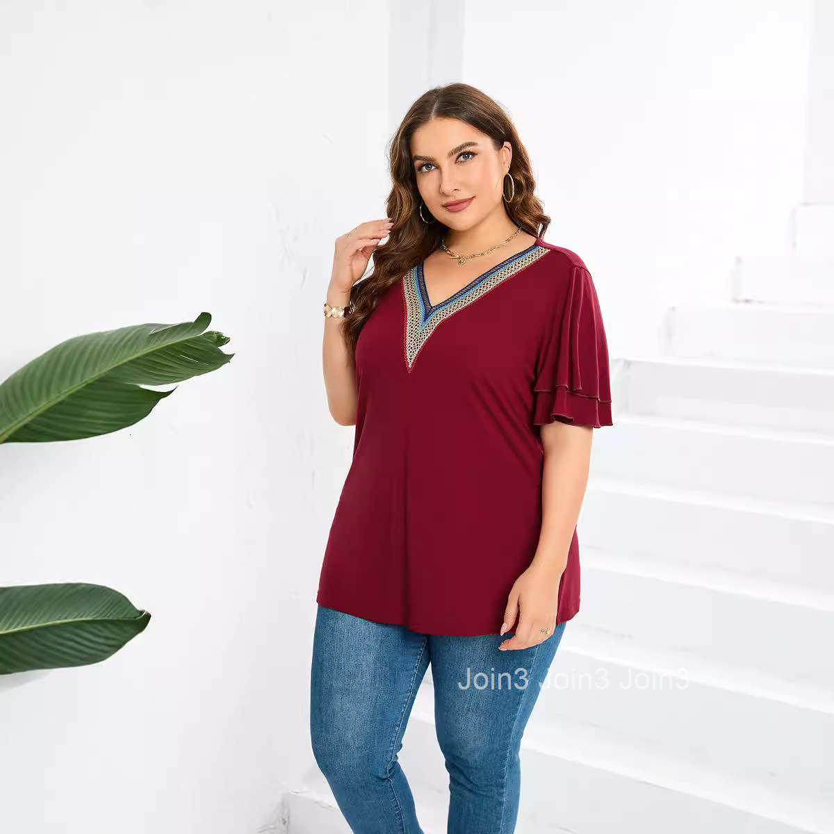 Spring/summer New Lace V-neck Solid T-shirt Top