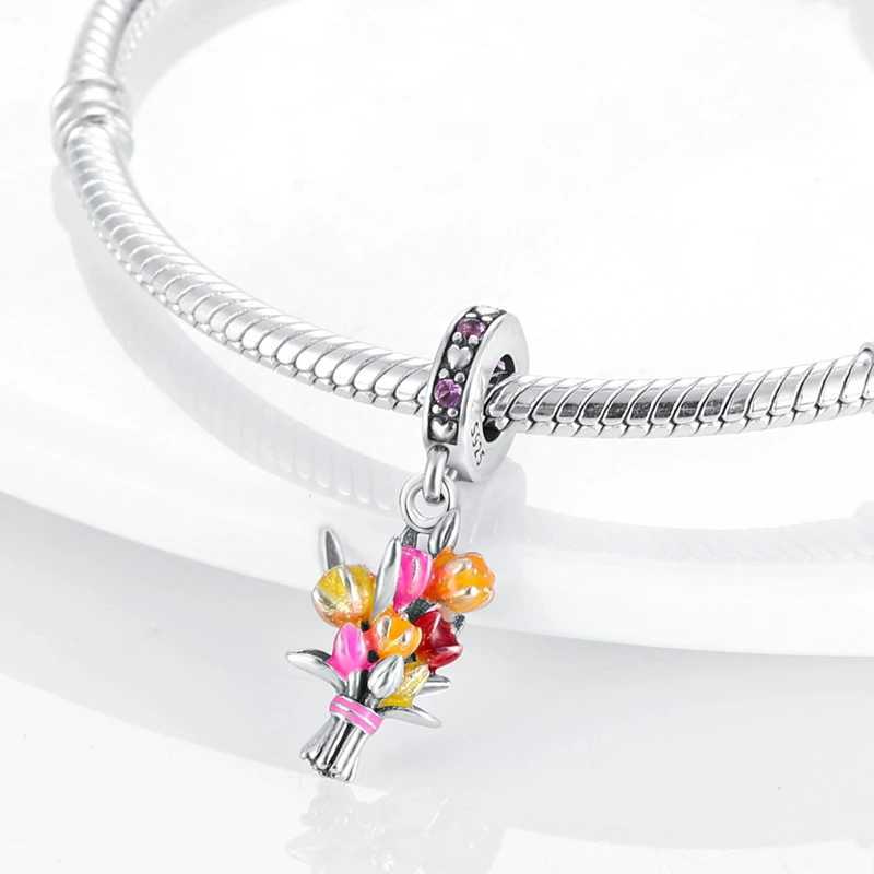 925 Silver Flower Charms Sunflower Tulip Pendants Fit Original Pan Bracelet Making Jewelry BaedsXJ250517