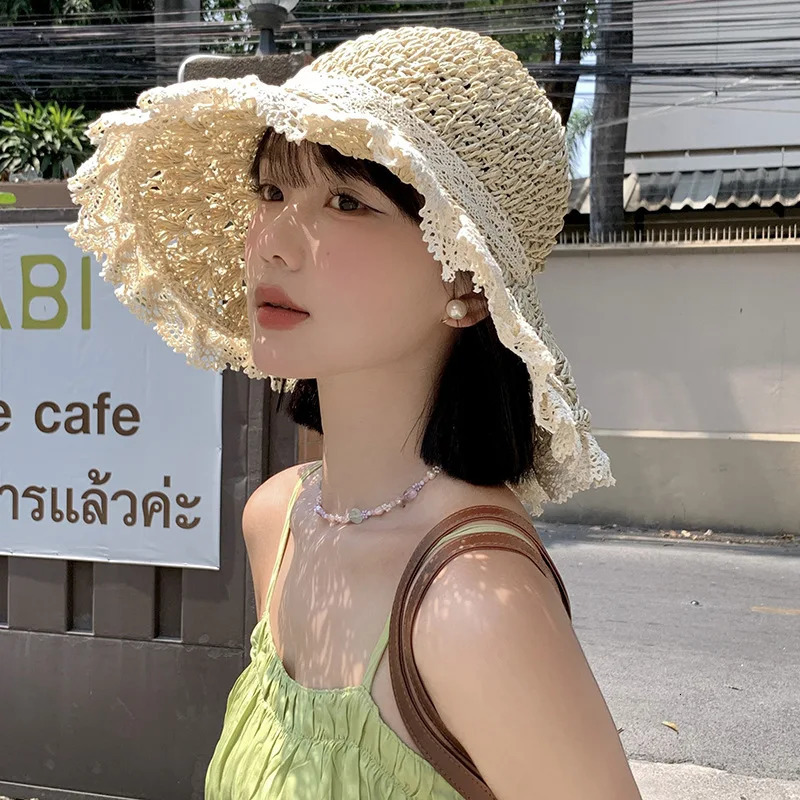 Straw Hat For Women Summer Handmade Weave Hollow Lace Up Anti-UV Beach Cap Foldable Large Brim Panama Bucket Fashion Sun Hat 250516