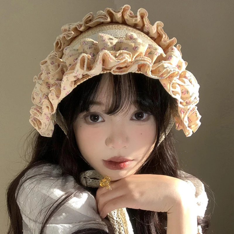 French Retro Lace Floral Woven Straw Caps for Women Summer Seaside Beach Vacation Idyllic Sweet and Cute Strap Sun Hats 250516