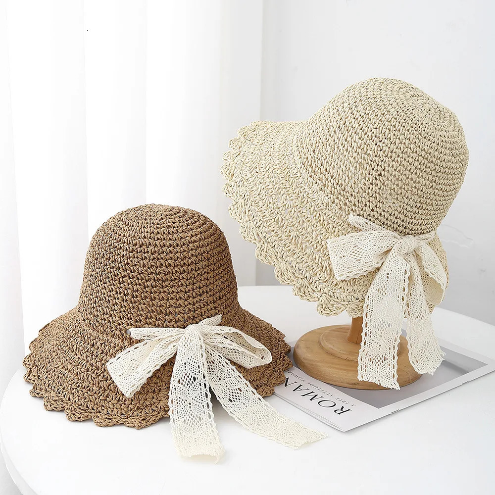 Lace Lace-up French Straw Hat Womens Summer Seaside Beach Sun Hat Foldable Large Brim Sun Protection Sunshade Hat Female 250516