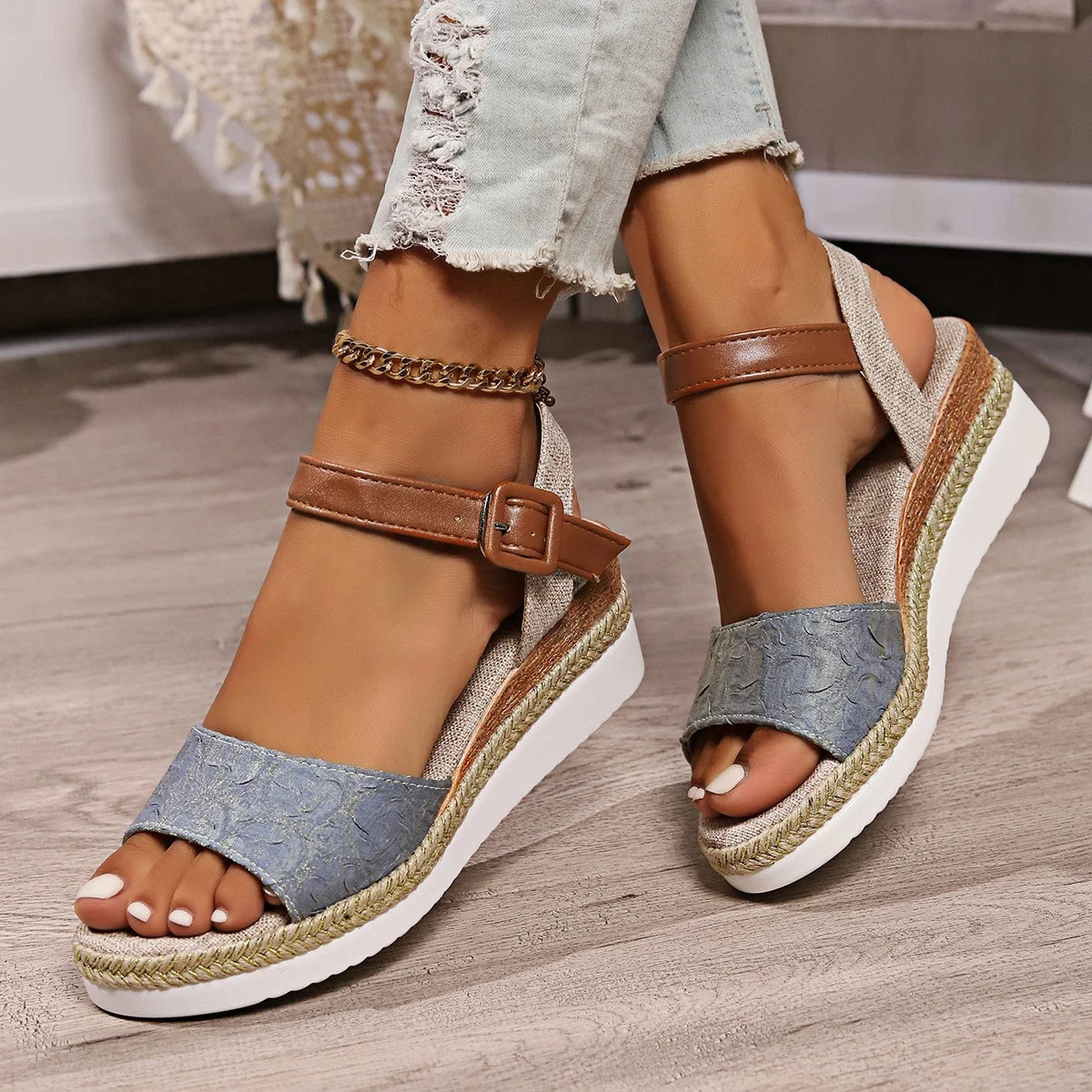Women Sandals Summer Espadrille Strap Wedge Sandals Women Casual Open Toe Shoes Women Roman Platform Sandals Zapatos De Mujer 250515
