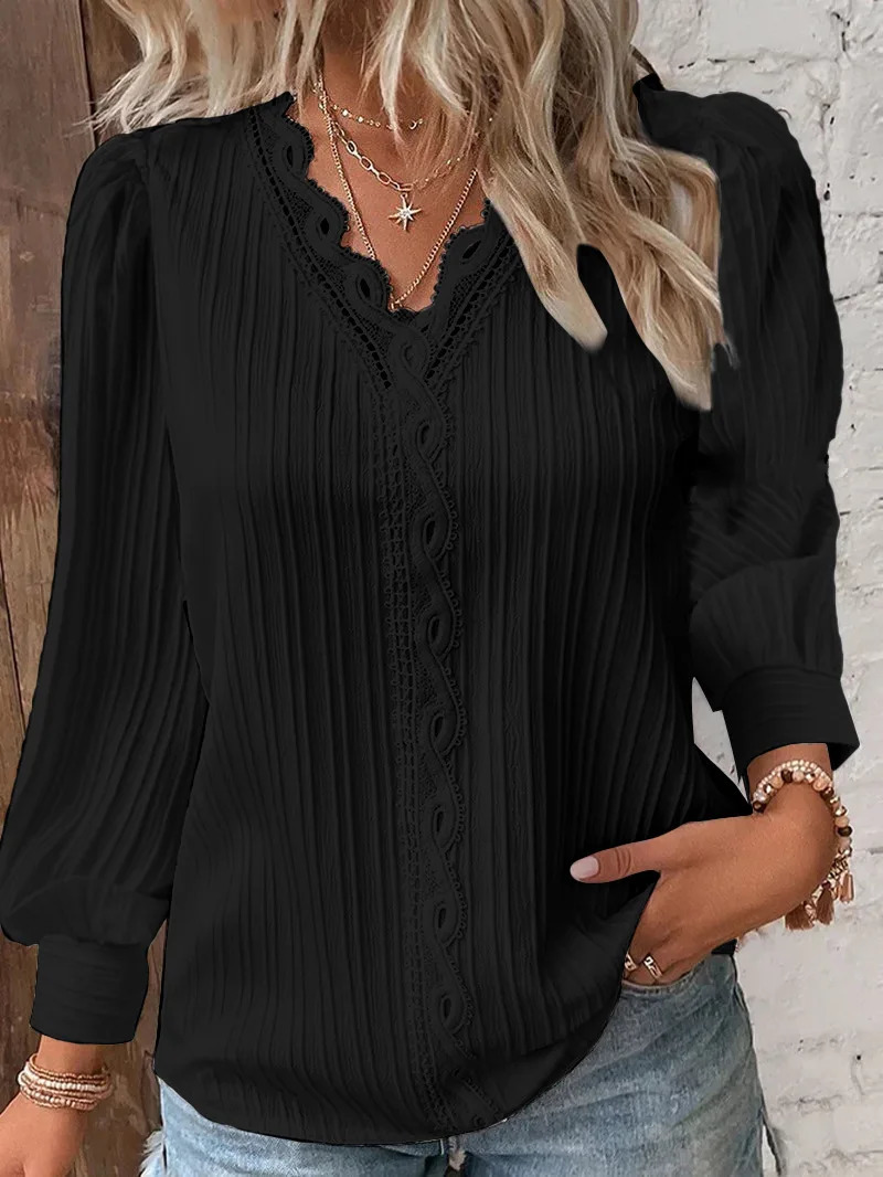 Elegant Summer Hollow Lace Patchwork Women Shirt Chic Blouse V Neck Long Sleeve Shirt Plain Lace Casual Basic Regular Tops 250517
