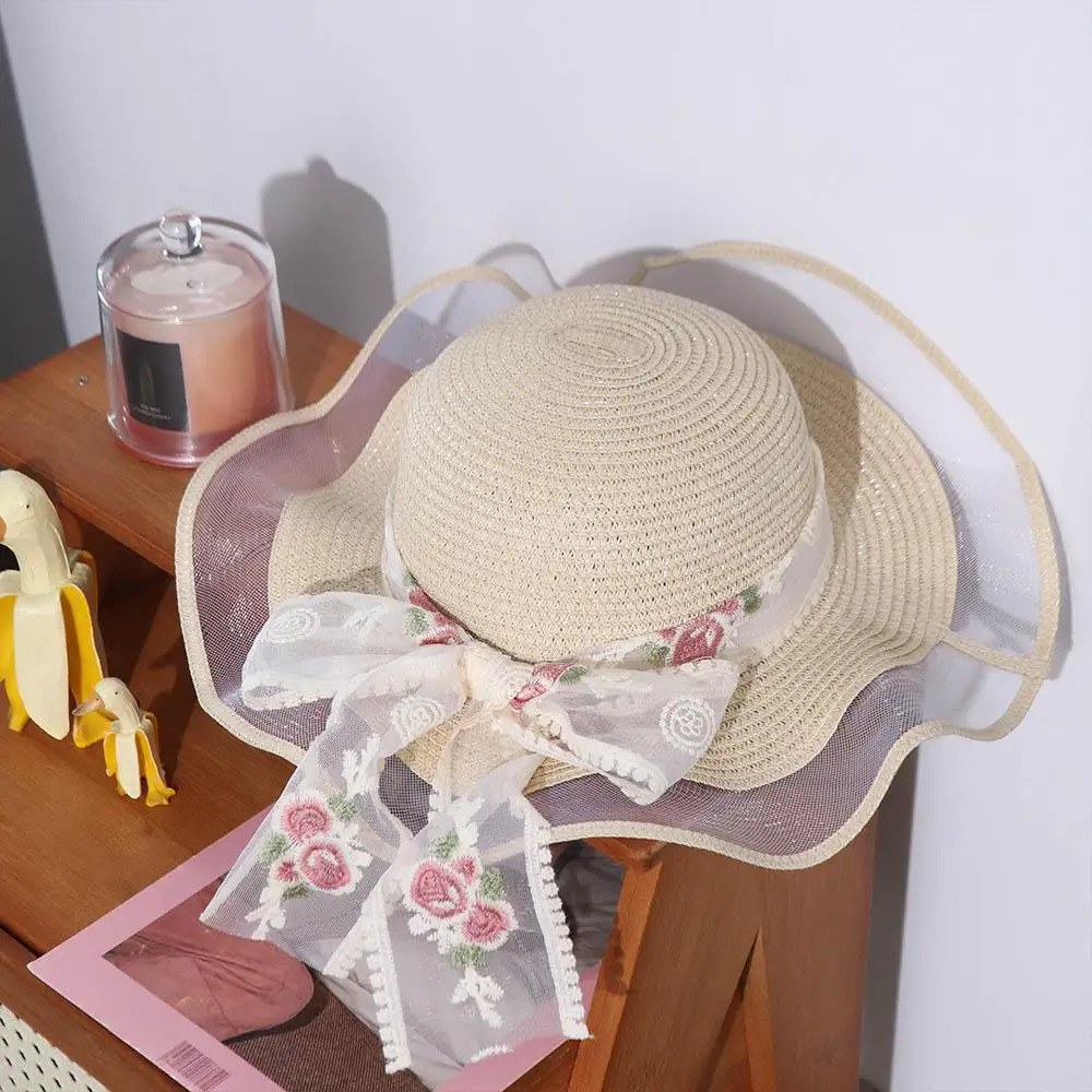 Elegant Spring Summer Beach Straw Hat Big Brim Foldable Lace Bow Straw Hat Travel French Style Womens Sun Hat Girls 250516