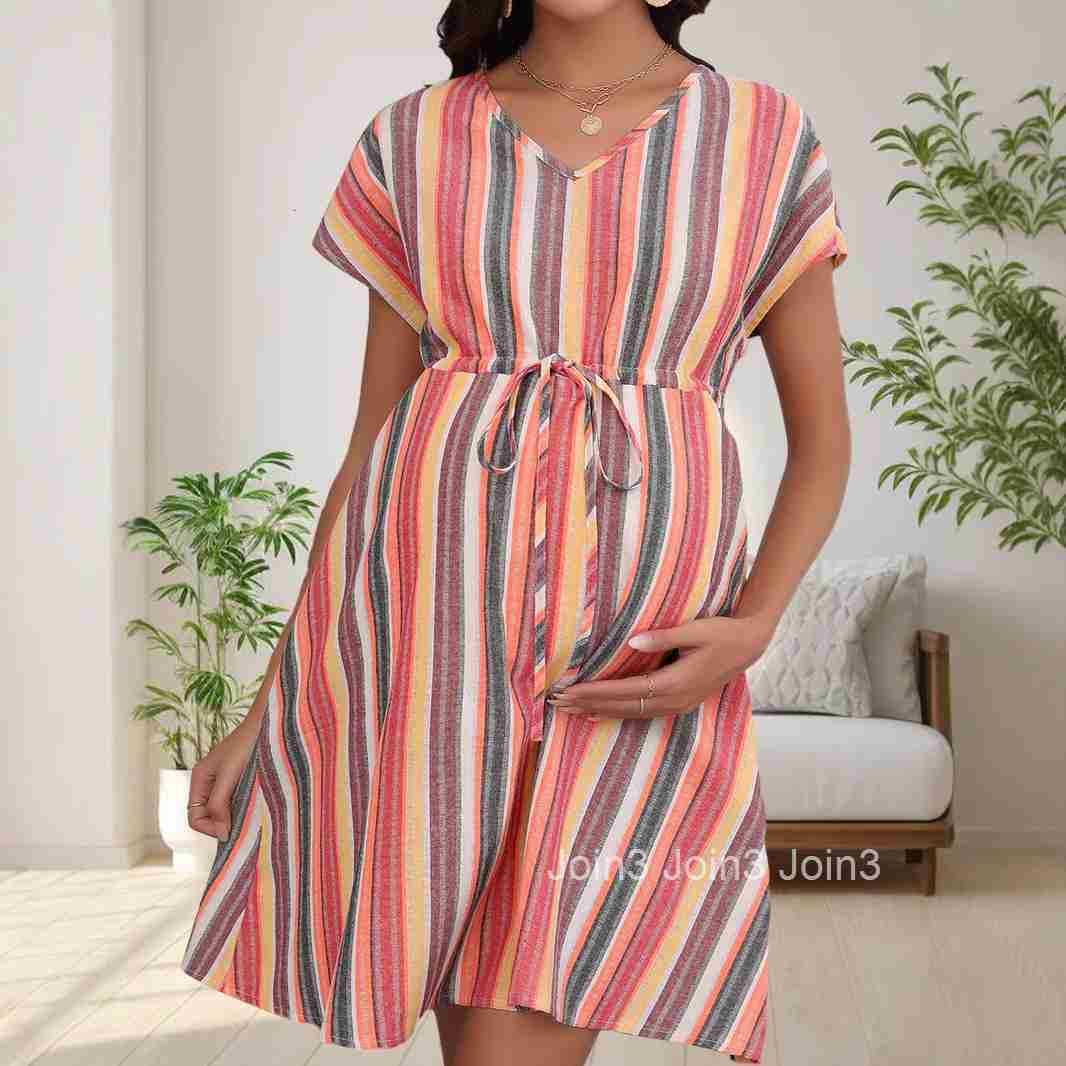 New V-neck Short Sleeved Loose Casual Striped 3d Printed Waist Lace Up Pregnant Dress