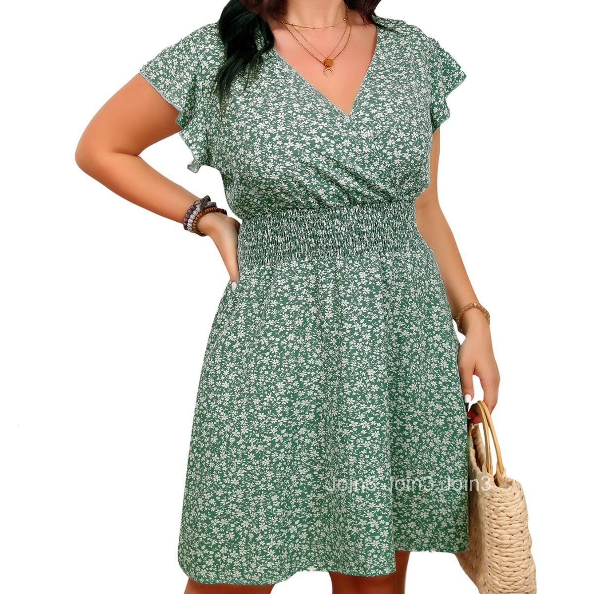 Large Size Short Sleeved V-neck Waist Floral Dress Mid Skirt