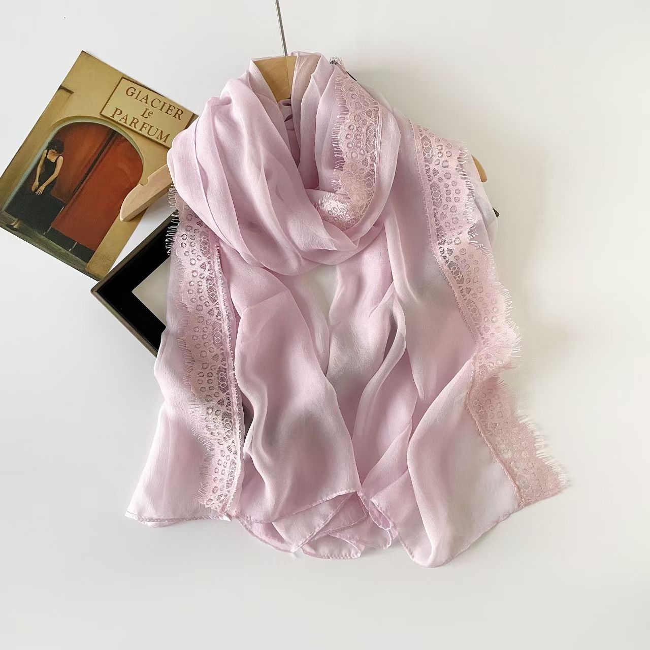 T730 solid color new lace stitching silk scarf fashion versatile scarf female spring and summer outerwear literary chiffon thin silk scarf