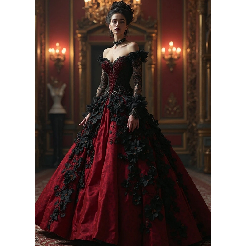 Dark Red And Black Gothic Wedding Dresses 3D Floral Flowers Appliques Crystal Beaded Off Shoulder Long Sleeves Vintage Bridal Gown 2025 Vestido De Nov