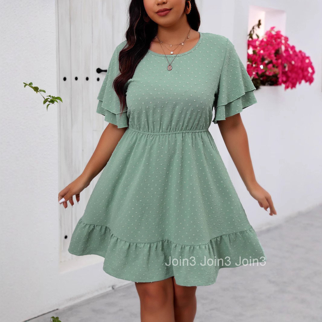 Large Casual Small Ball Round Neck Double Layered Lotus Leaf Sleeve Dress