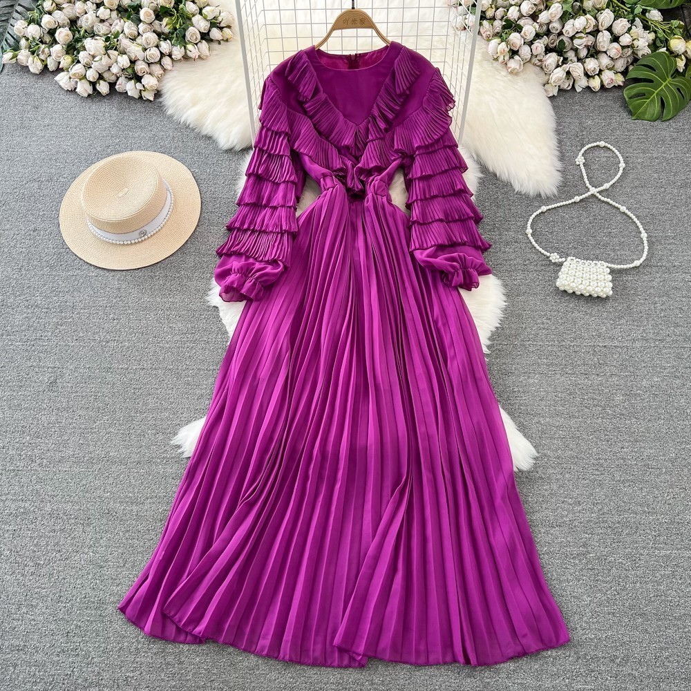 High end temperament dress womens 2025 spring new style niche elegant long skirt waist cinched ruffle edge patchwork pleated skirt