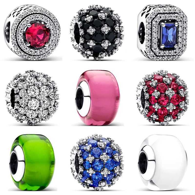 925 Silver Round Beads White Red Green Murano Glass Black Blue Red Zircon Sparkling Charm Fit Pantaro Bracelet Fine Jewelry GiftXJ250517