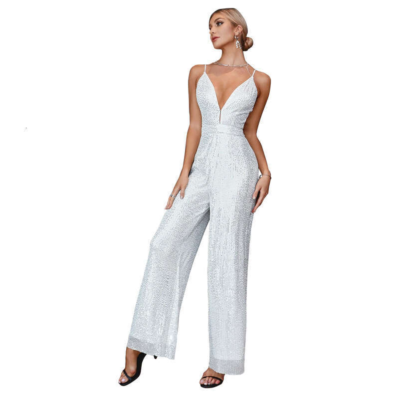 Wide Leg Jumpsuit Women S Fashion Spicy Girl Sleeveless Camisole Deep V French Backless Sequined Jumpsuit
