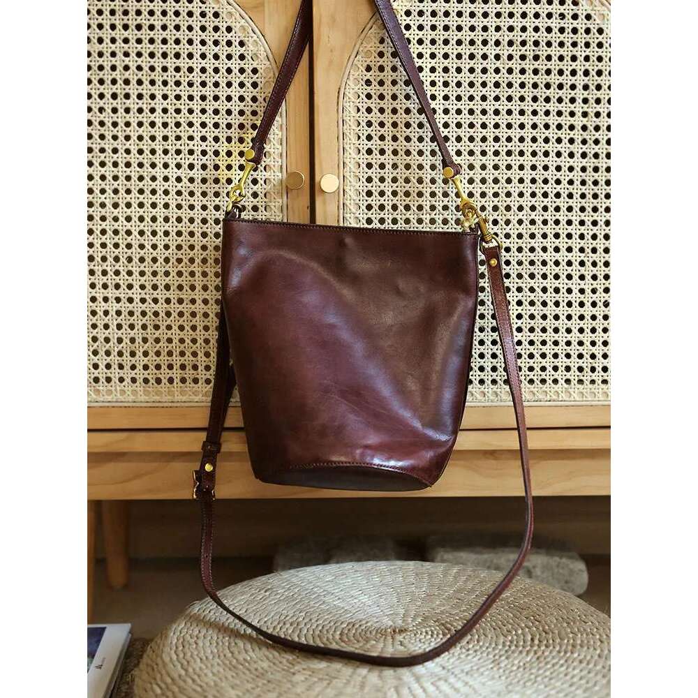 Simple fashion genuine ladies bucket shoulder outdoor casual party real cow leather women's crossbody bag