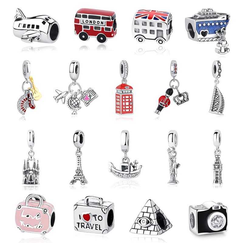 Original 925 Sterling Silver Charms Travel London Bus Suitcase Paris Beads Fit Brand Bracelets Necklaces Women DIY JewelryXJ250517