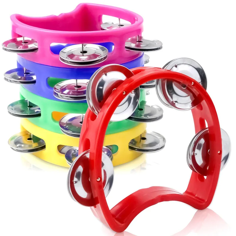 Plastic Hand Held Percussion Tambourine with 4 Bells Rhythm Noise Makers Musical Instrument Toys Kids Preschool Educational Gift