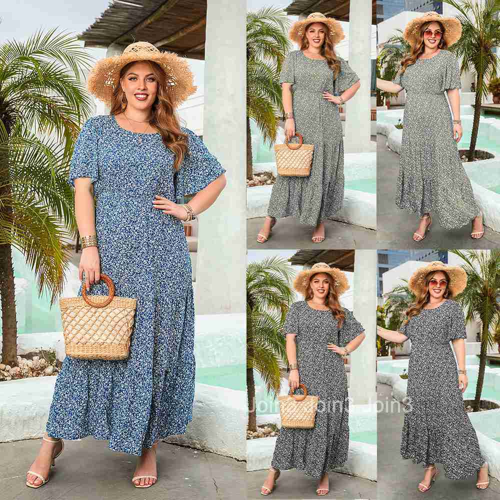 New Fragmented Flower Leisure Holiday Dress Round Neck Short Sleeve Large Swing Mid Length Dress Large Size Womens Wear