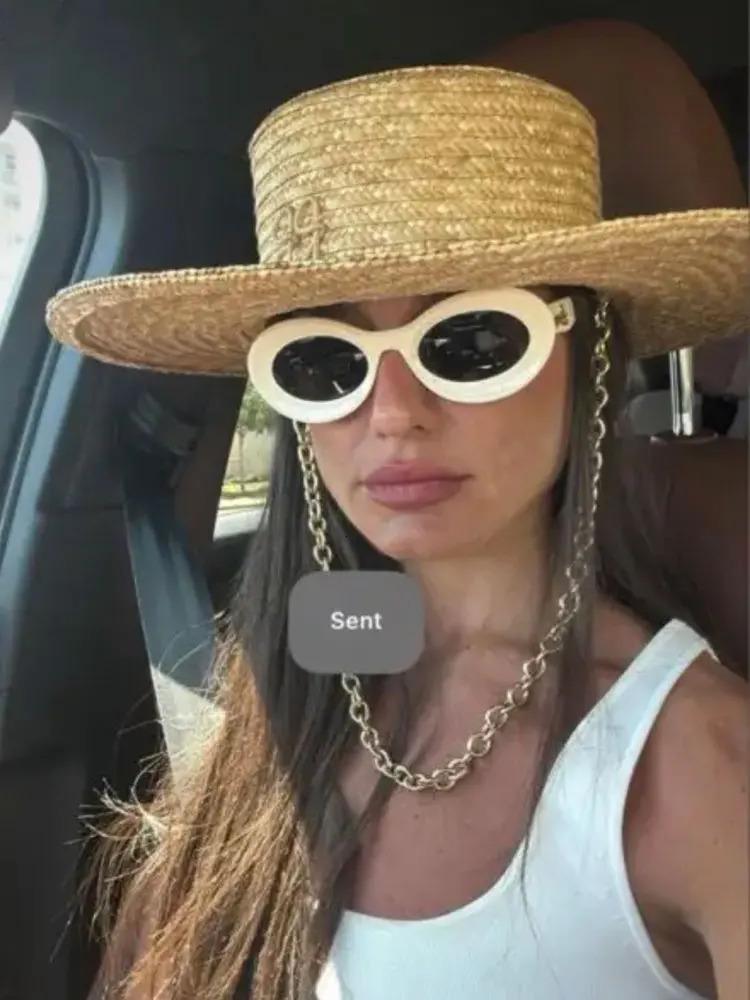2025 European American Fashion n Natural Straw Hat Female Handmade Letter Sun Hat Metal Chain Sunshade Hat 250516