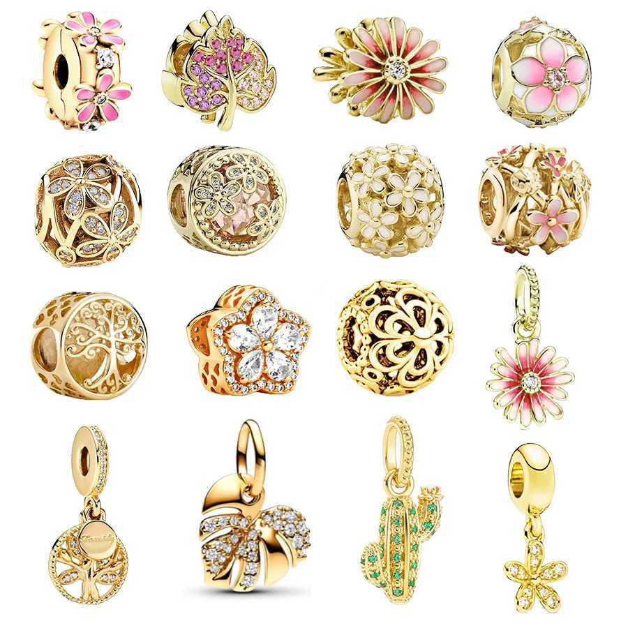 Gold plated Sparkling Monstera Family Tree Dangle Charm Beads Fit Original Europeans Silver 925 Bracelet DIY Jewelry GiftXJ250517