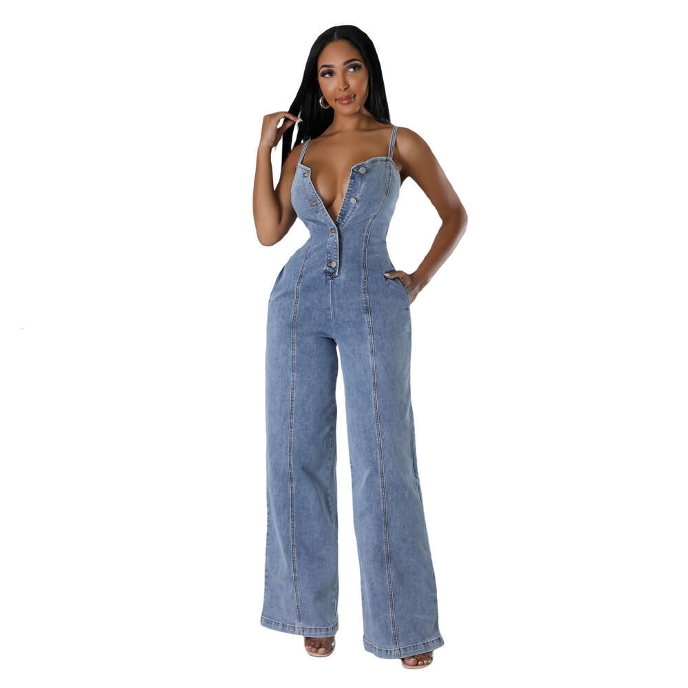 6988 platform women's fashion casual sexy suspender denim jumpsuit wide leg pants