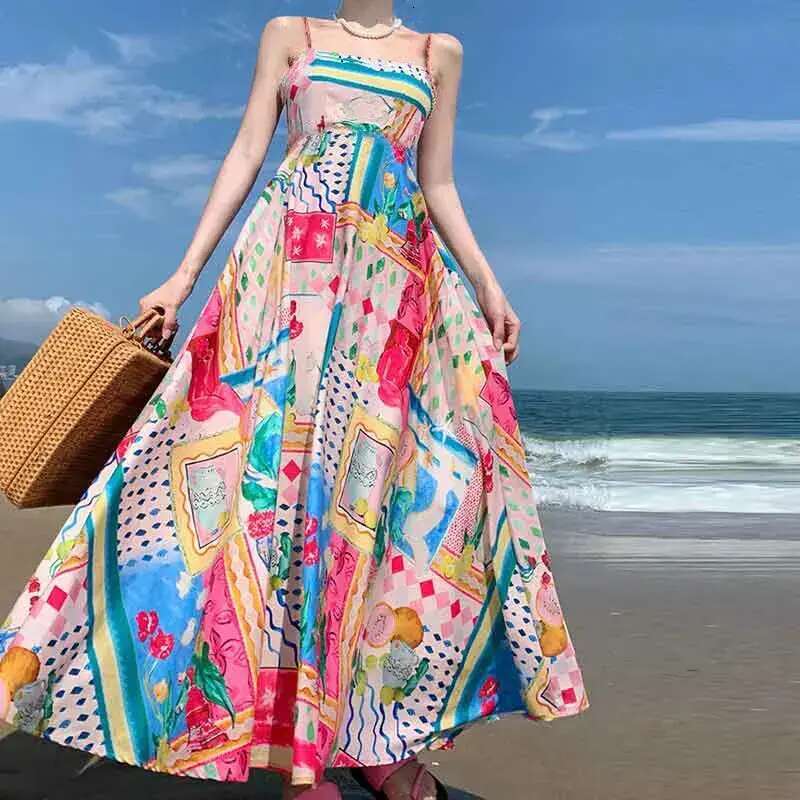 Basic Casual Dresses Elegant Print Colorful Long Dress Women High Waist Straps Backless Sexy Ladies Summer Beach Vaction Robe designer bag