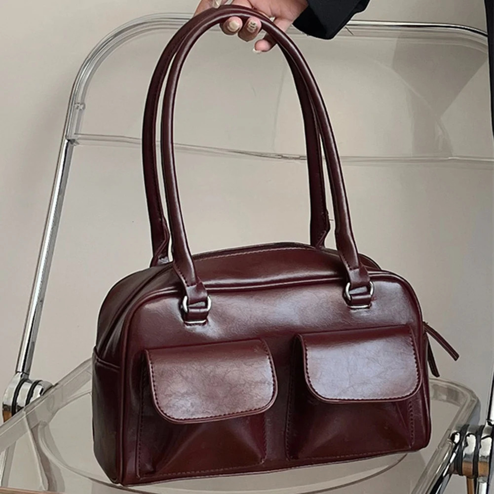 Retro Womens Satchel Hobo Bag PU Leather Shopping Bag Fashion Solid Armpit Bag Casual Double Pocket Hand Underarm Bag 250515
