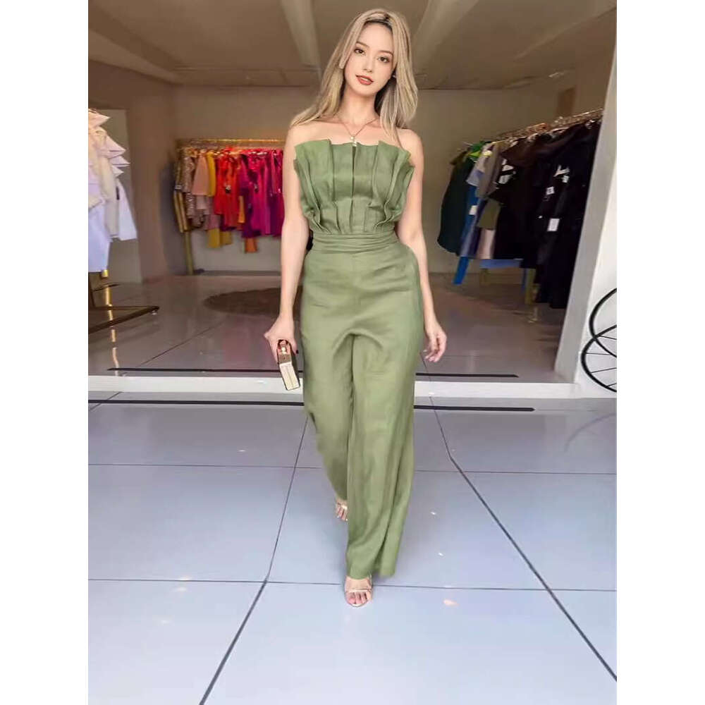 Wide Leg Jumpsuit Women S New Fashionable Pleated Slim Fit And Slimming Temperament Solid Color Jumpsuit