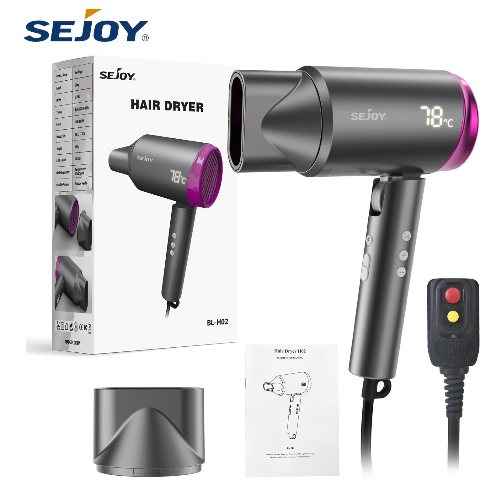 SEJOY Ionic Hair Dryer With Negative Ion Temp Setting for Home LED Display Portable Lightweight Blow Dryer No Hair Damage 250513
